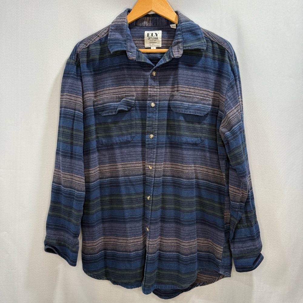 Ely Cattleman Striped Flannel Button Down Shirt Size Large